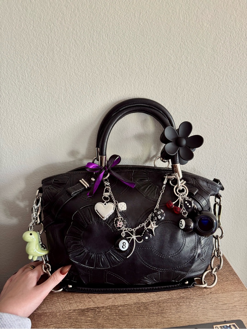 Black Leather Satchel Handbag with Cherry Charm